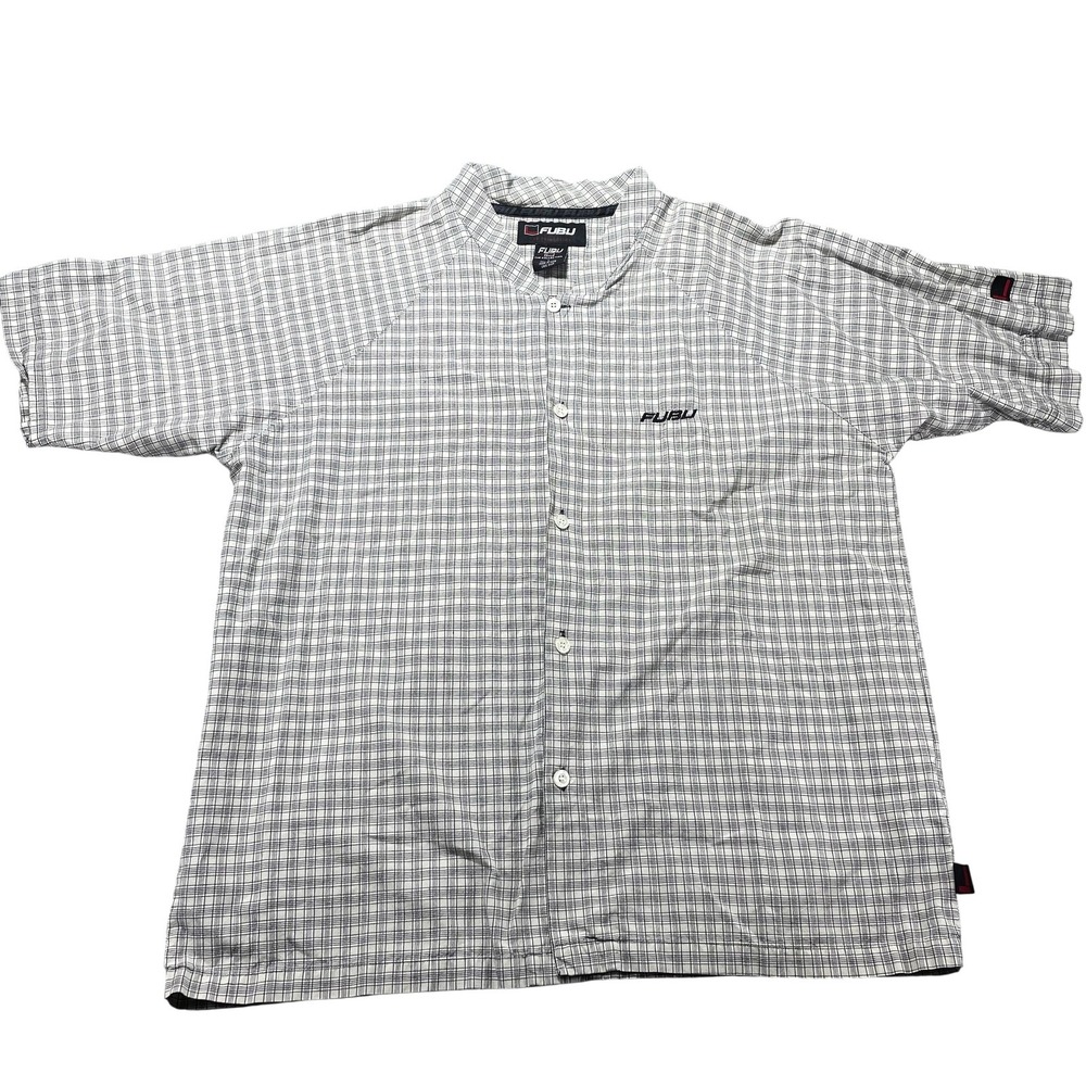 FUBU Shirt Mens Large Gray Check Short Sleeve Button Front Embroidered Casual